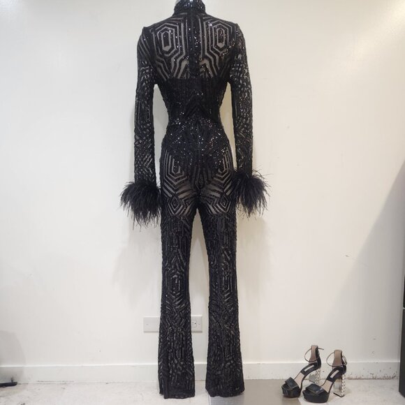 πA BOMBSHELL!π Ostrich Feather Trim Sequin Lace Bodycon Jumpsuit in Black - Picture 12 of 16
